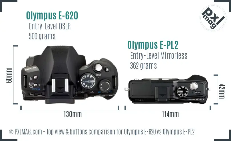 Olympus E-620 vs Olympus E-PL2 top view buttons comparison