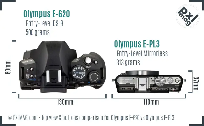 Olympus E-620 vs Olympus E-PL3 top view buttons comparison