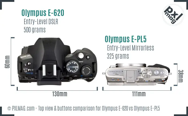 Olympus E-620 vs Olympus E-PL5 top view buttons comparison