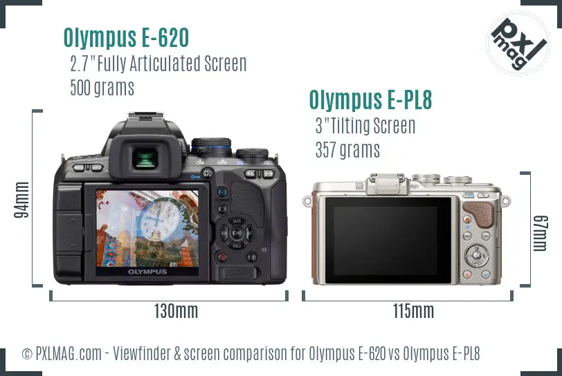 Olympus E-620 vs Olympus E-PL8 Screen and Viewfinder comparison