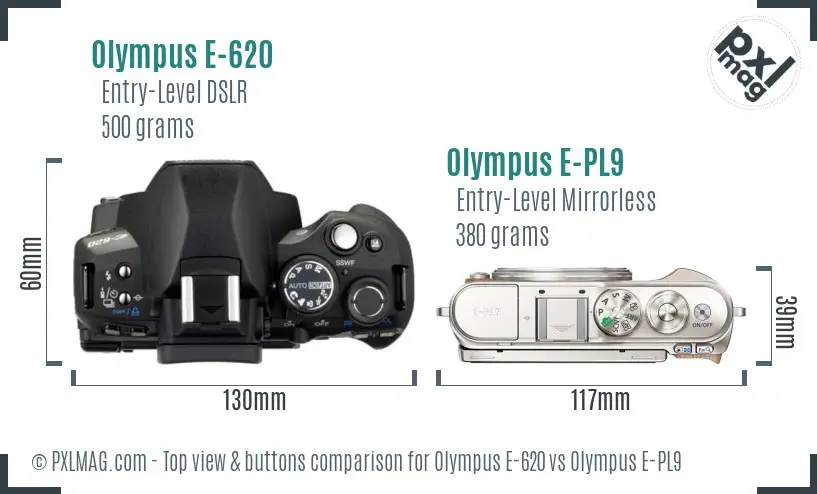 Olympus E-620 vs Olympus E-PL9 top view buttons comparison