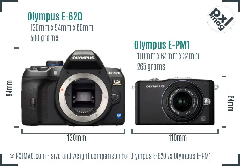 Olympus E-620 vs Olympus E-PM1 size comparison