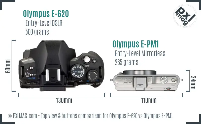 Olympus E-620 vs Olympus E-PM1 top view buttons comparison