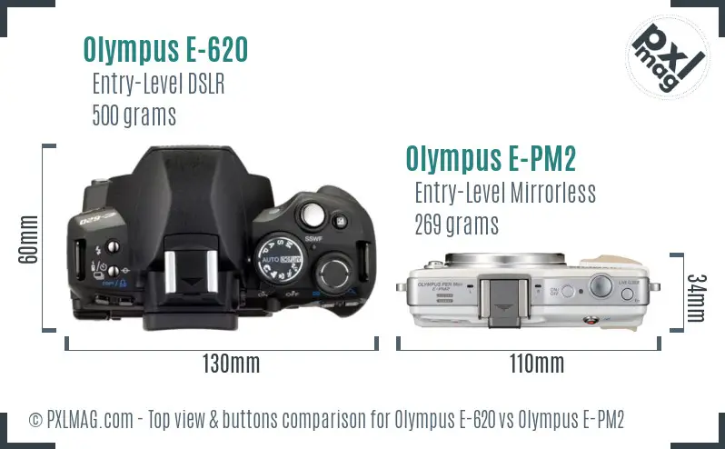 Olympus E-620 vs Olympus E-PM2 top view buttons comparison