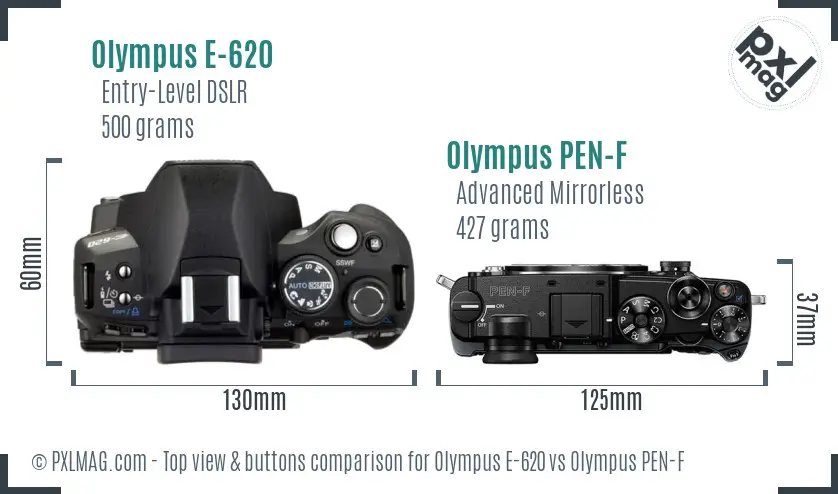 Olympus E-620 vs Olympus PEN-F top view buttons comparison