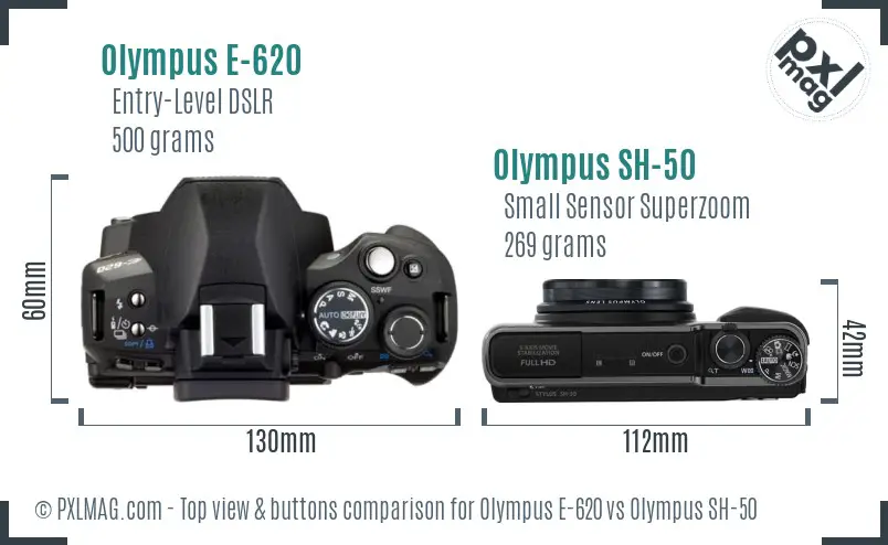 Olympus E-620 vs Olympus SH-50 top view buttons comparison
