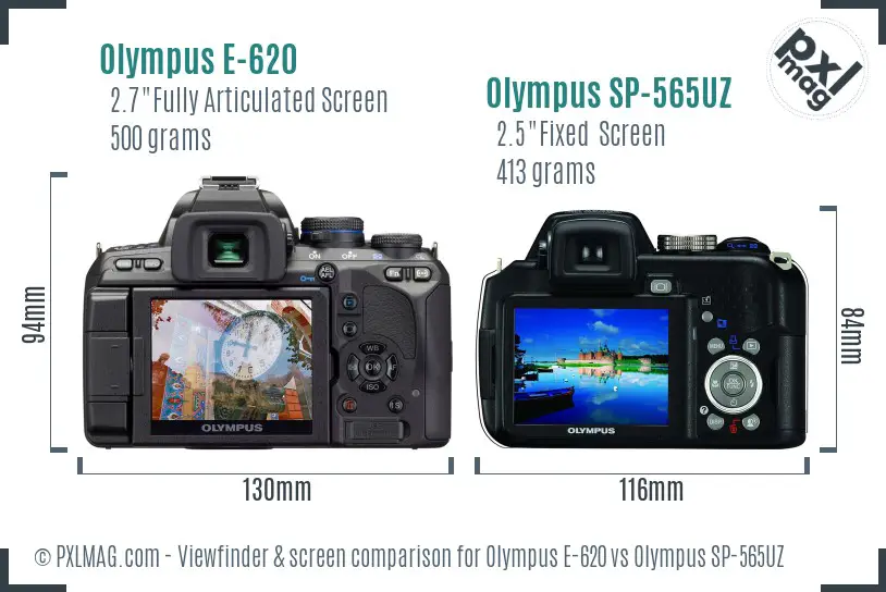 Olympus E-620 vs Olympus SP-565UZ Screen and Viewfinder comparison