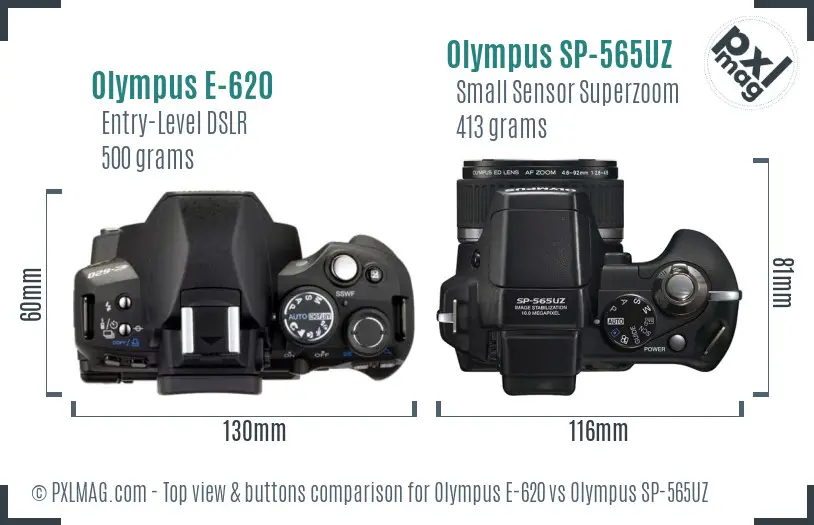Olympus E-620 vs Olympus SP-565UZ top view buttons comparison
