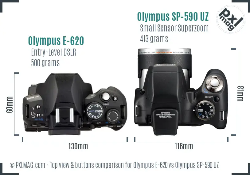 Olympus E-620 vs Olympus SP-590 UZ top view buttons comparison