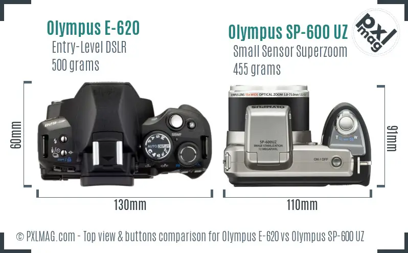 Olympus E-620 vs Olympus SP-600 UZ top view buttons comparison