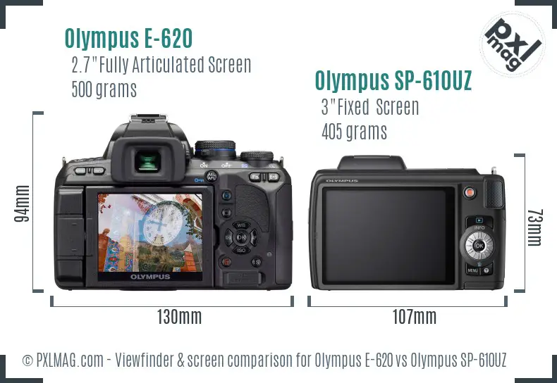 Olympus E-620 vs Olympus SP-610UZ Screen and Viewfinder comparison