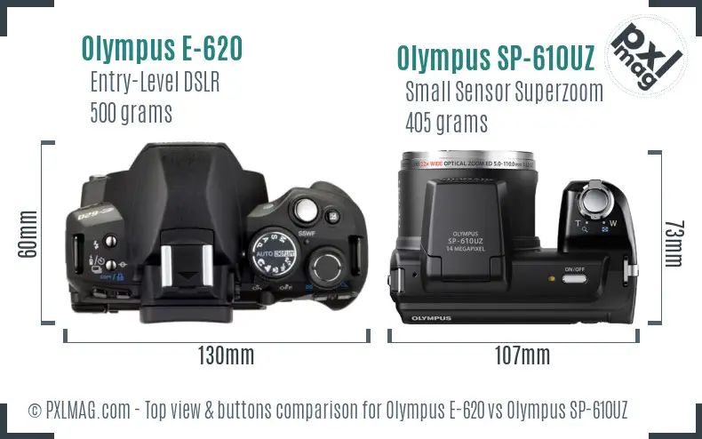 Olympus E-620 vs Olympus SP-610UZ top view buttons comparison