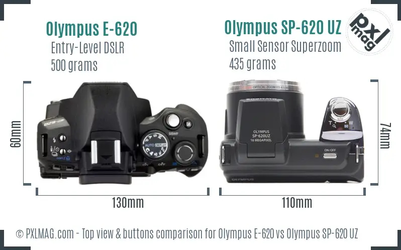 Olympus E-620 vs Olympus SP-620 UZ top view buttons comparison