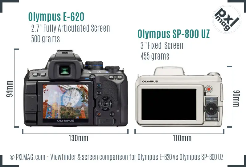 Olympus E-620 vs Olympus SP-800 UZ Screen and Viewfinder comparison