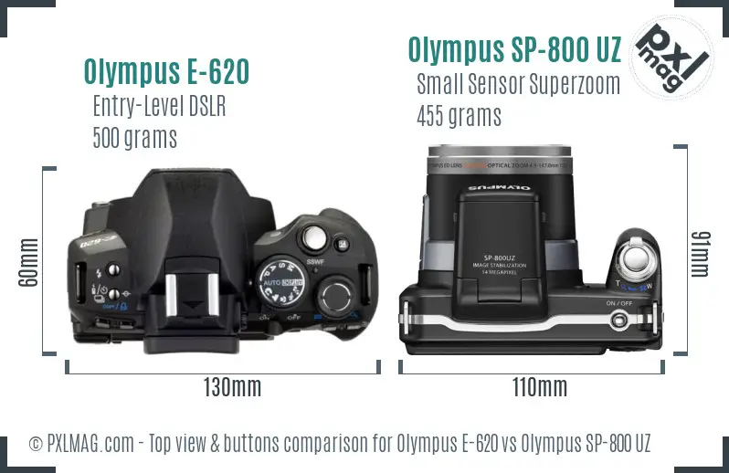 Olympus E-620 vs Olympus SP-800 UZ top view buttons comparison