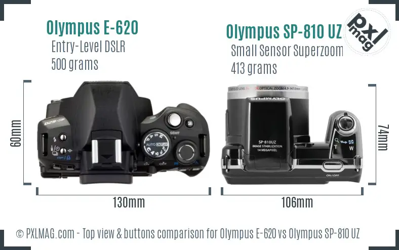 Olympus E-620 vs Olympus SP-810 UZ top view buttons comparison