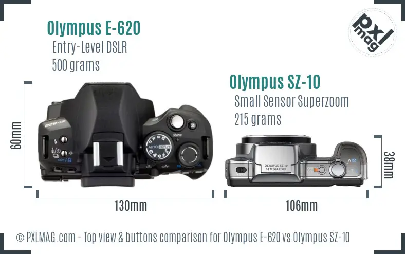 Olympus E-620 vs Olympus SZ-10 top view buttons comparison