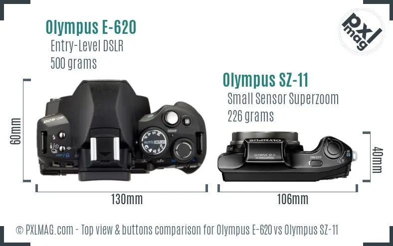 Olympus E-620 vs Olympus SZ-11 top view buttons comparison
