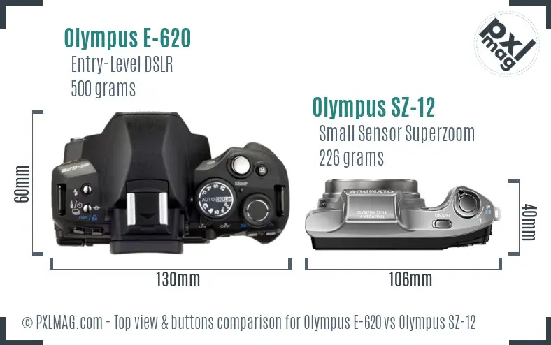 Olympus E-620 vs Olympus SZ-12 top view buttons comparison