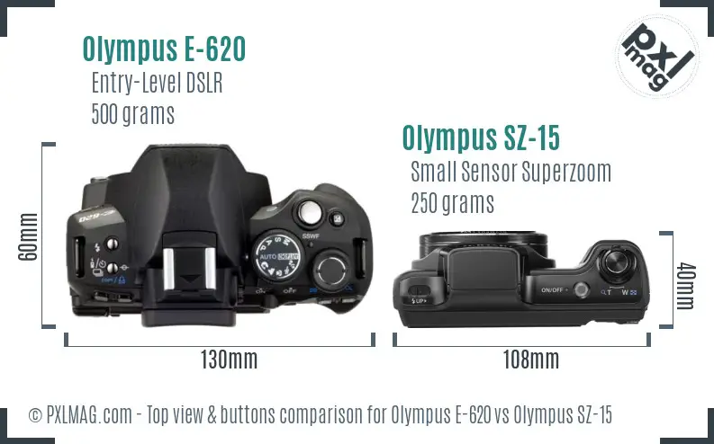 Olympus E-620 vs Olympus SZ-15 top view buttons comparison