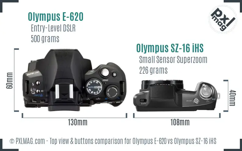 Olympus E-620 vs Olympus SZ-16 iHS top view buttons comparison