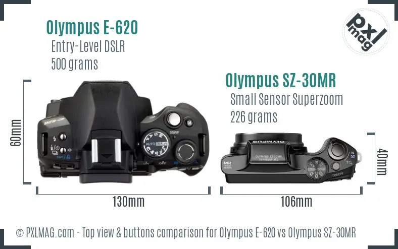 Olympus E-620 vs Olympus SZ-30MR top view buttons comparison