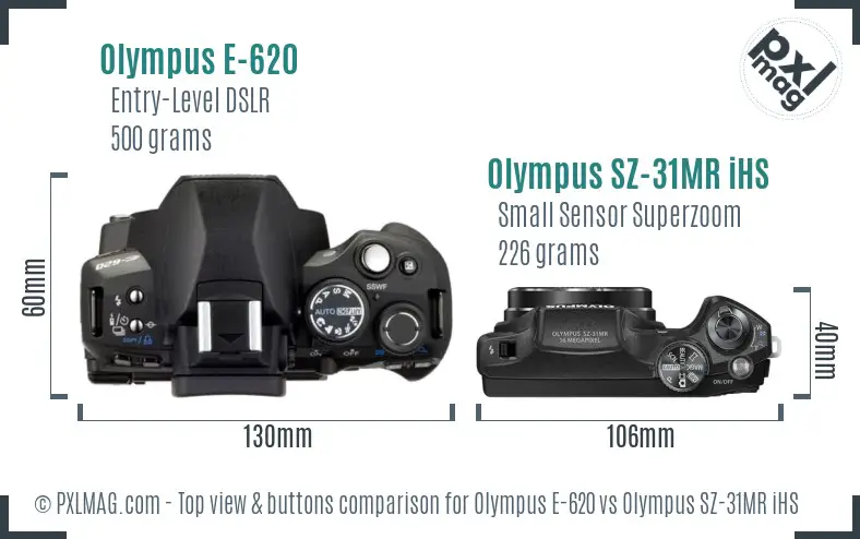 Olympus E-620 vs Olympus SZ-31MR iHS top view buttons comparison