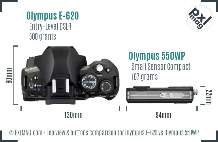 Olympus E-620 vs Olympus 550WP top view buttons comparison