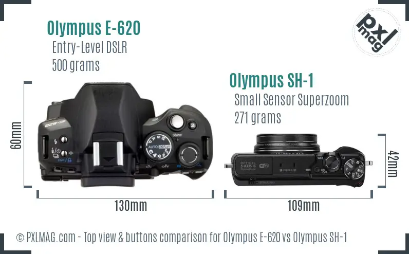 Olympus E-620 vs Olympus SH-1 top view buttons comparison
