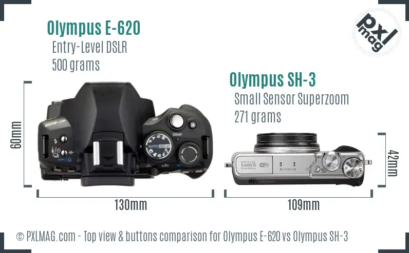 Olympus E-620 vs Olympus SH-3 top view buttons comparison