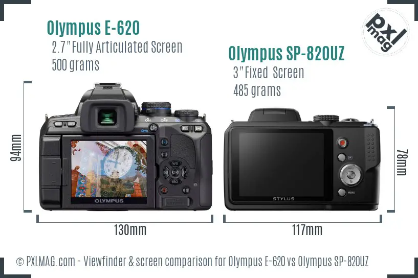 Olympus E-620 vs Olympus SP-820UZ Screen and Viewfinder comparison
