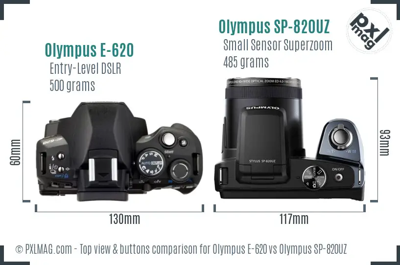 Olympus E-620 vs Olympus SP-820UZ top view buttons comparison