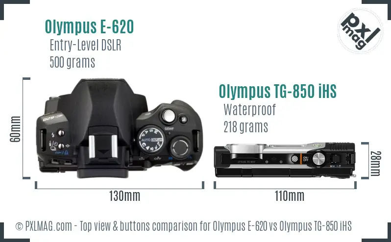 Olympus E-620 vs Olympus TG-850 iHS top view buttons comparison