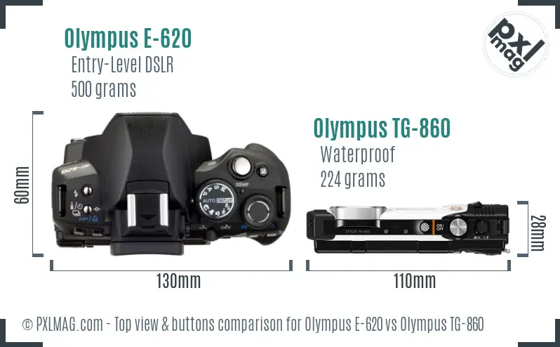Olympus E-620 vs Olympus TG-860 top view buttons comparison
