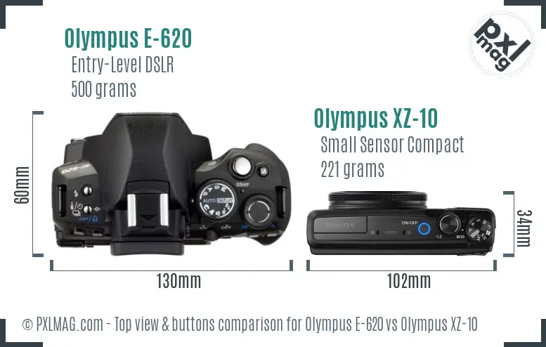 Olympus E-620 vs Olympus XZ-10 top view buttons comparison