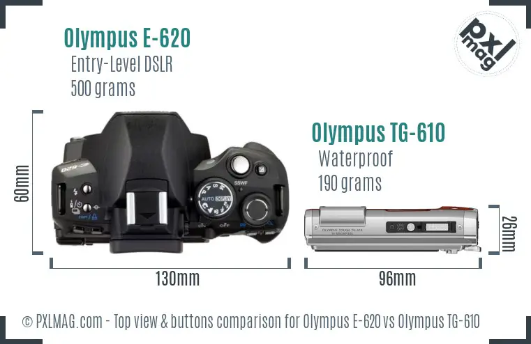 Olympus E-620 vs Olympus TG-610 top view buttons comparison