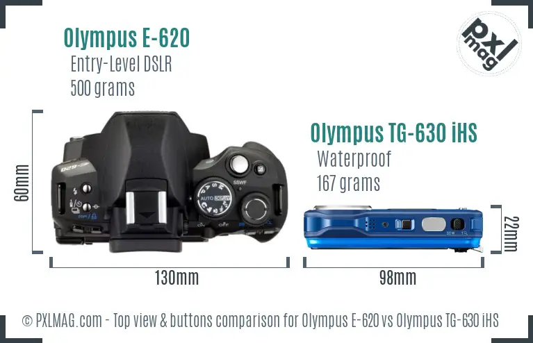 Olympus E-620 vs Olympus TG-630 iHS top view buttons comparison
