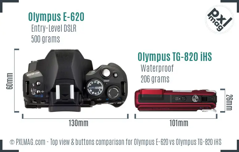 Olympus E-620 vs Olympus TG-820 iHS top view buttons comparison