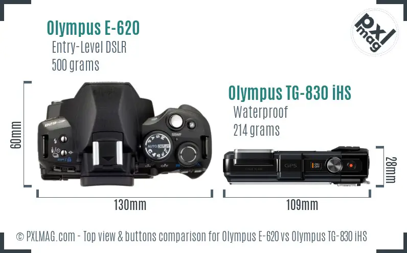 Olympus E-620 vs Olympus TG-830 iHS top view buttons comparison
