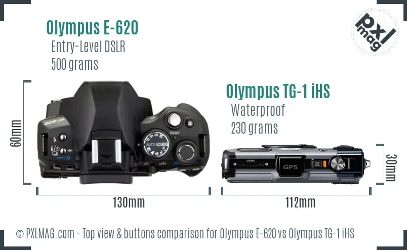 Olympus E-620 vs Olympus TG-1 iHS top view buttons comparison