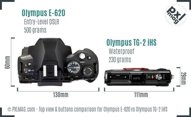 Olympus E-620 vs Olympus TG-2 iHS top view buttons comparison