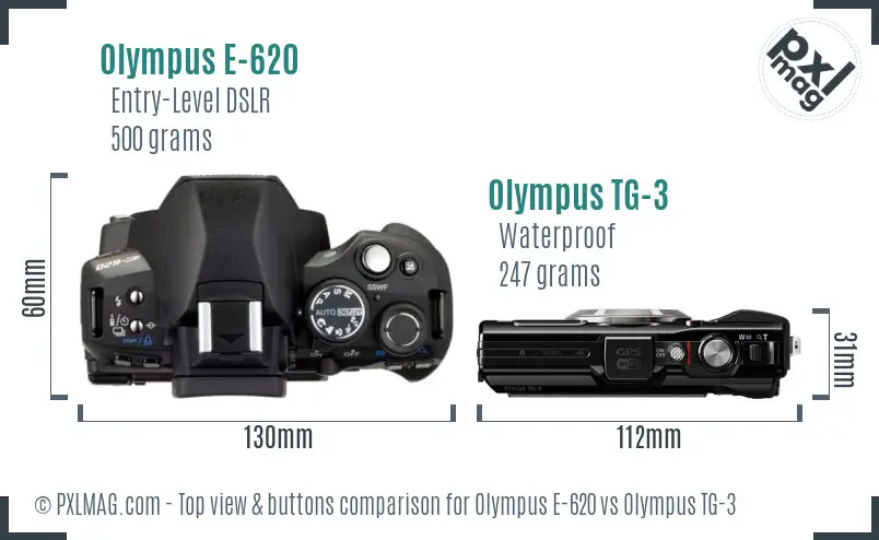 Olympus E-620 vs Olympus TG-3 top view buttons comparison