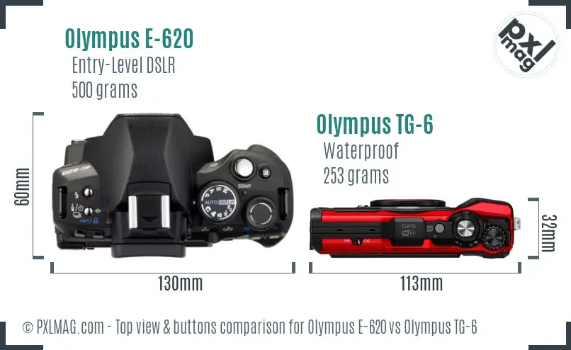 Olympus E-620 vs Olympus TG-6 top view buttons comparison