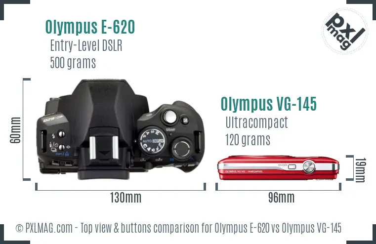 Olympus E-620 vs Olympus VG-145 top view buttons comparison