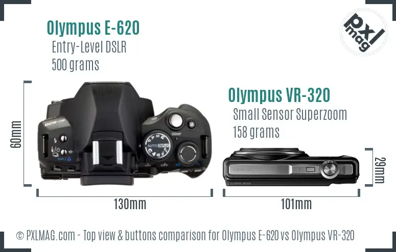 Olympus E-620 vs Olympus VR-320 top view buttons comparison