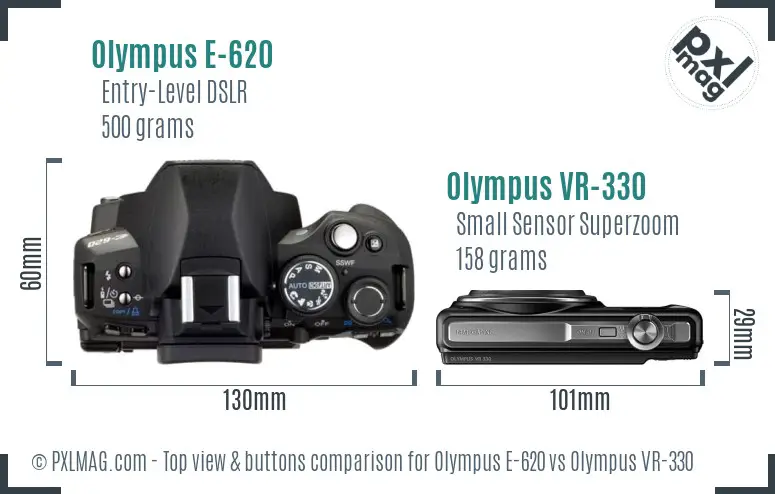 Olympus E-620 vs Olympus VR-330 top view buttons comparison