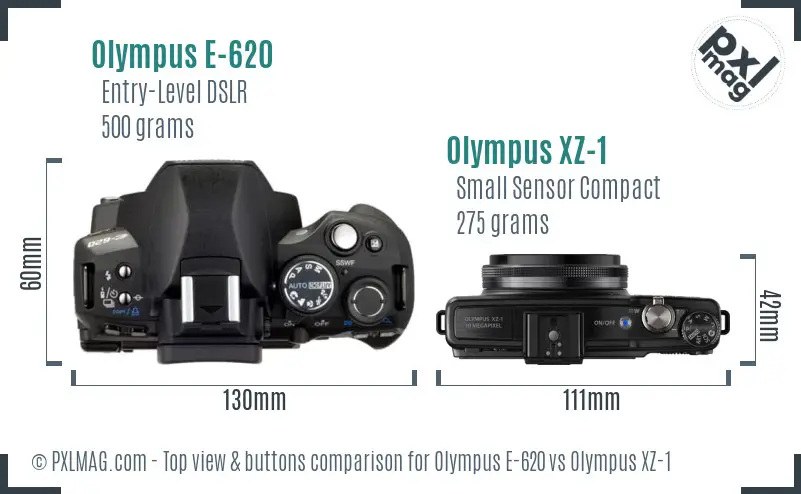 Olympus E-620 vs Olympus XZ-1 top view buttons comparison