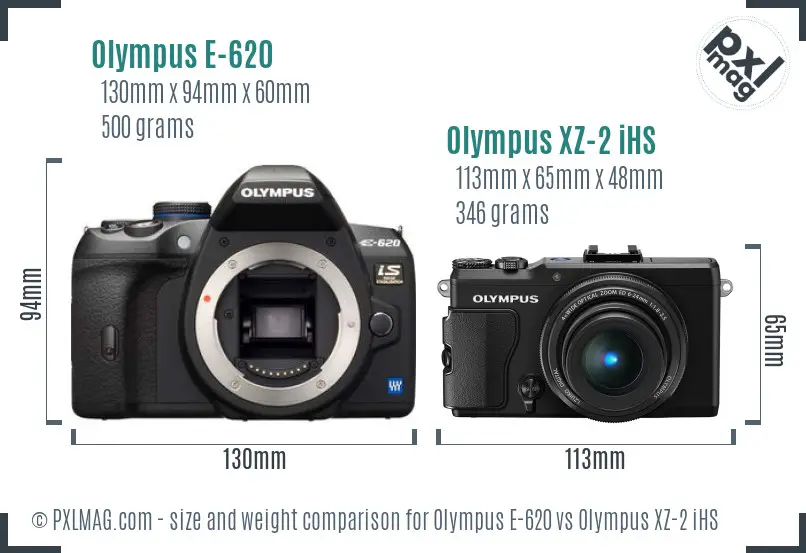 Olympus E-620 vs Olympus XZ-2 iHS size comparison