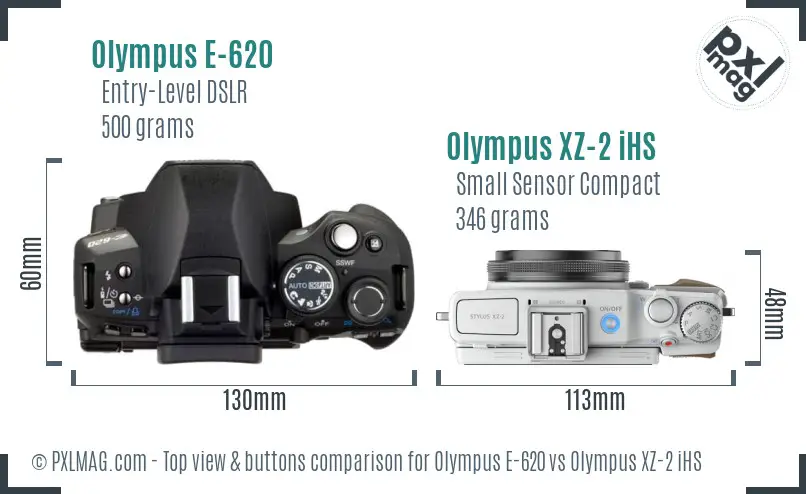 Olympus E-620 vs Olympus XZ-2 iHS top view buttons comparison