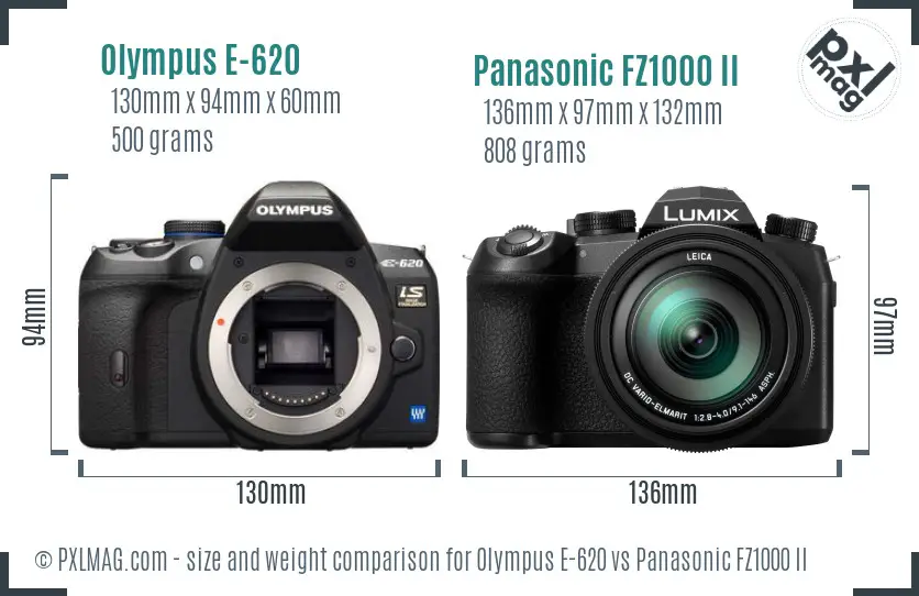 Olympus E-620 vs Panasonic FZ1000 II size comparison